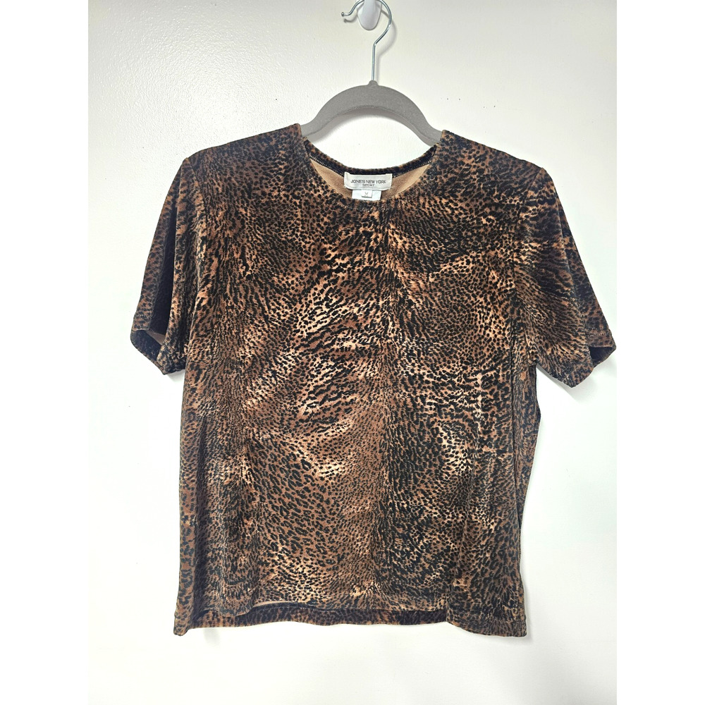 JONES NEW YORK Velour Animal Priht Top Sz Med Whimsigoth Clubwear Short Sleeve
